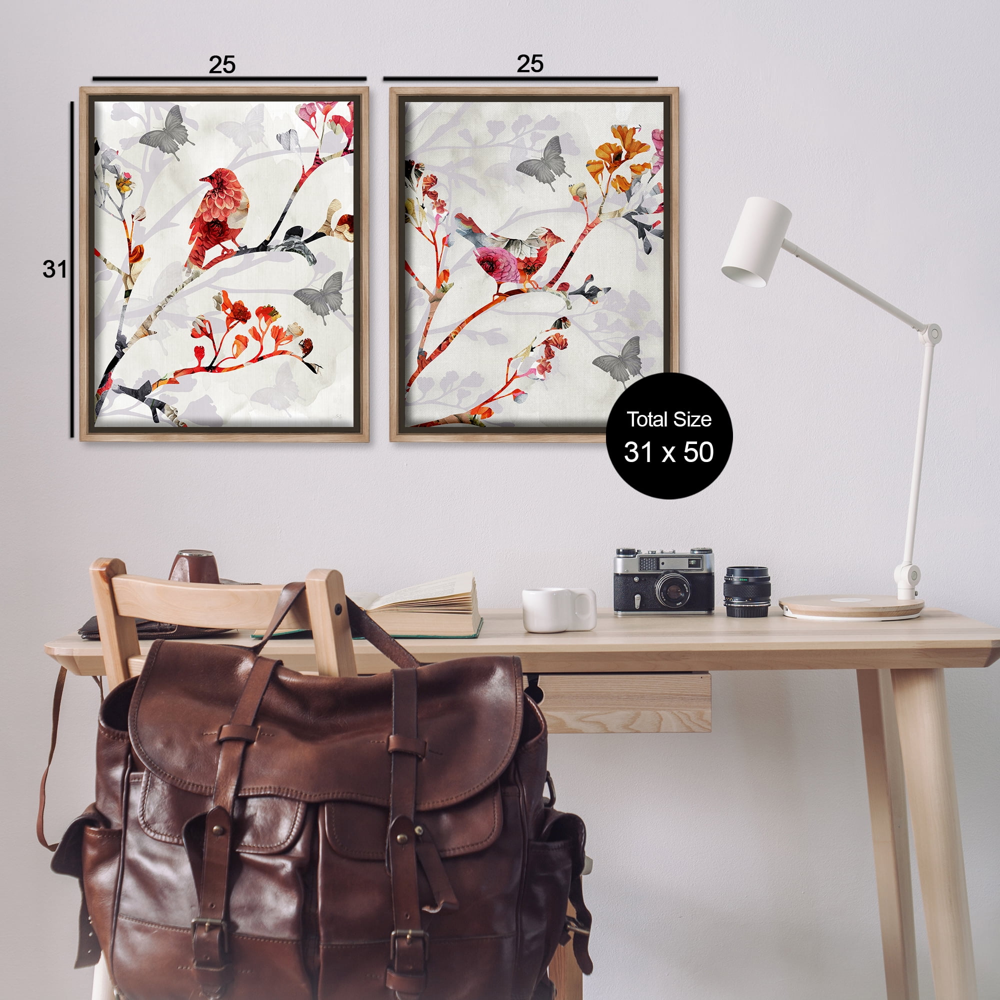 Stupell Industries Flower Birds on Branch Animals Painting Brown Floater Framed Canvas Art Print Wall Art, 31 x 25, Set of 2