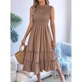 thumbnail image 6 of Women'S Ruffle Trim Flutter Sleeve Midi Dress Pleated Crew Neck Tiered Smocked Flowy Dresses Khaki S, 6 of 10