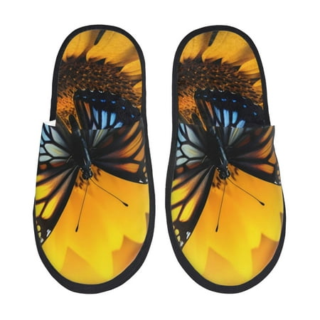 Balery Butterfly On Sunflower Slient Indoor Furry Fleece Comfort House Shoes Soft Non-Slip Home Shoes Cotton slippers House Slippers-- Large