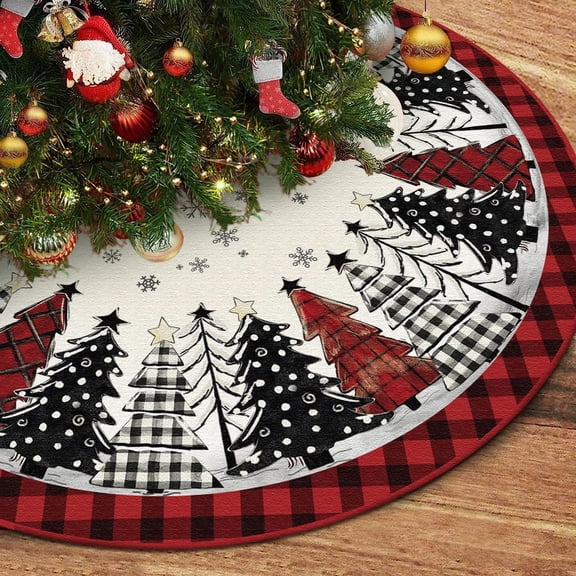 Christmas Tree Skirt 48 Inch Red Rustic Xmas Tree Skirt with Snowflake, Black Red Buffalo Plaid Christmas Tree Skirt Ornaments for Merry Christmas Holiday Party Decorations Indoor Outdoor