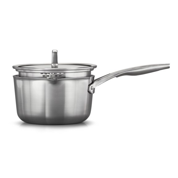 Calphalon Premier Stainless Steel Cookware, 3.5-Quart Sauce Pan with Pour and Strain Cover