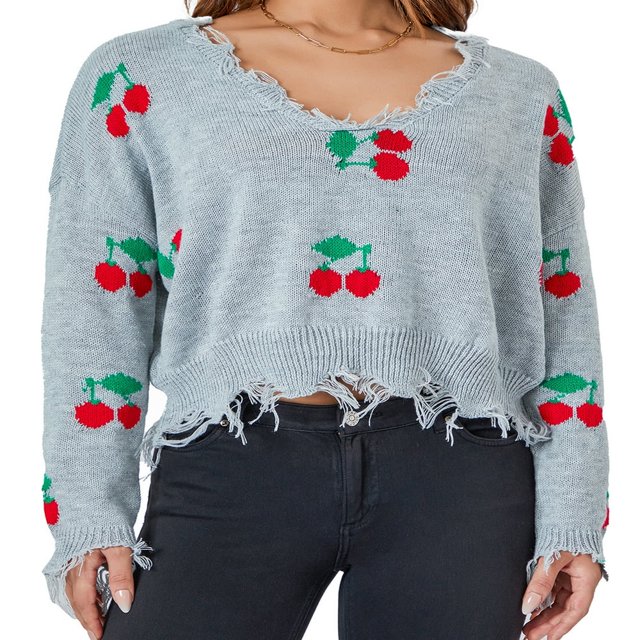 Pull à Manches Longues pour Femmes V Col Cerise/plaid