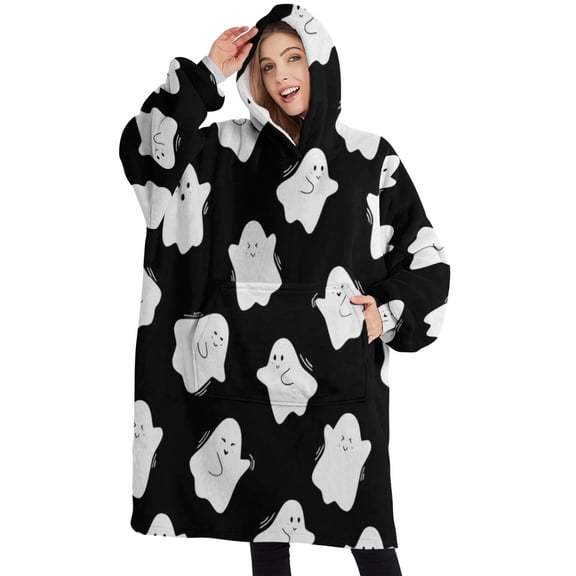 Oversized Wearable Blanket Hoodie,Black Halloween White Ghosts Sherpa Blanket Hoodie with Super Pockets,Super Warm Fuzzy Pullover for Women & Men