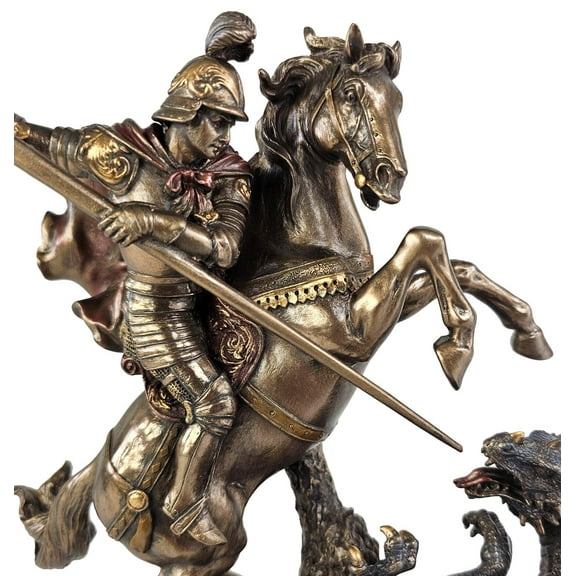 Saint St George on Horse Slaying Dragon 9 1/8" Colored Bronze Resin Statue Religious Decoration