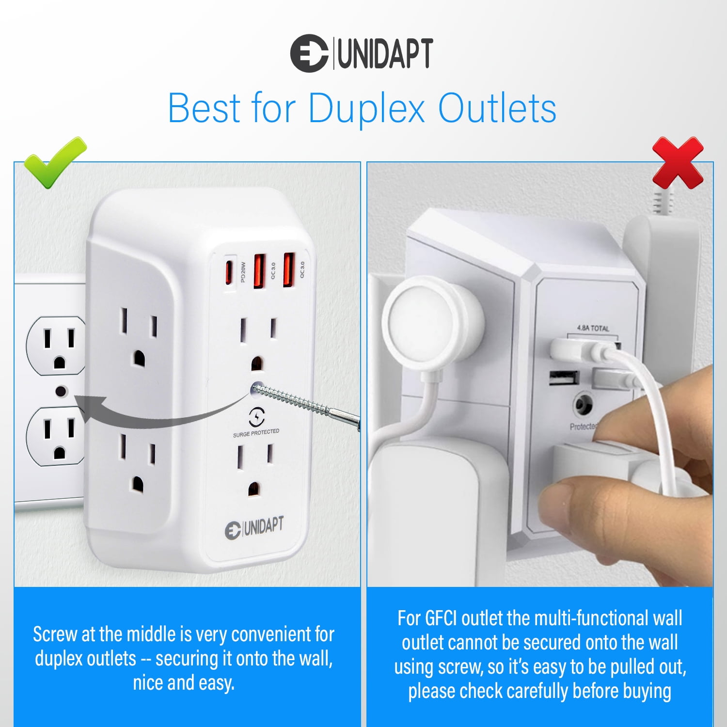 9-in-1 Outlet Extender with USB, 6 AC Ports, PD 20W USB-C – Fast Charges iPhone 3x Faster – 1800J Surge Protector – Compact 3-Sided Power Hub for Kitchen, Office, Bedroom & Travel (3.6" x 5.5")