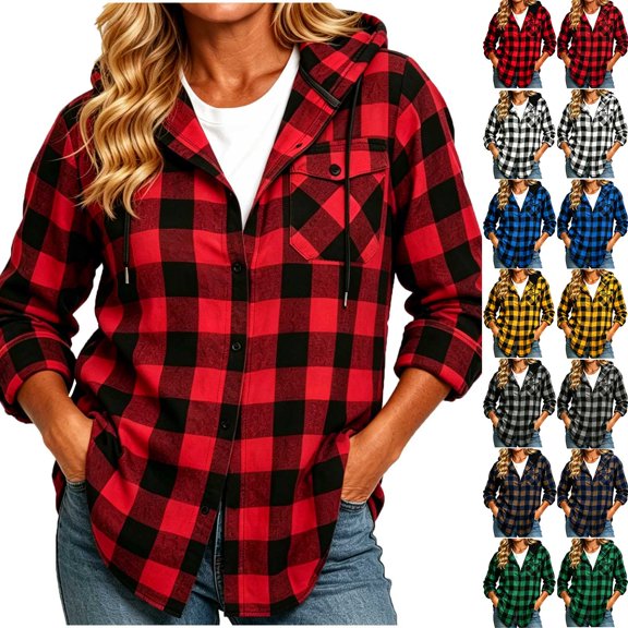 Juesizh Flannel Shirt Women Hooded Button Jackets Fashion Casual Plaid Long Sleeve Pocket Hoodies, S-2XL