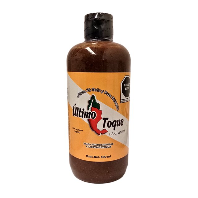 salsa picante natural a las hierbas finas último toque, la clásica 500ml botella frontal centrada con salsa rojo-marrón visible y tapa negra; etiqueta naranja con logotipo Último Toque y silueta de México, texto 'Salsa Picante Natural a las Finas Hierbas' y 'Cont. Net. 500 ml'. Condimento para salsas y botanas, apto para acompañar platillos; agítese antes de usar.