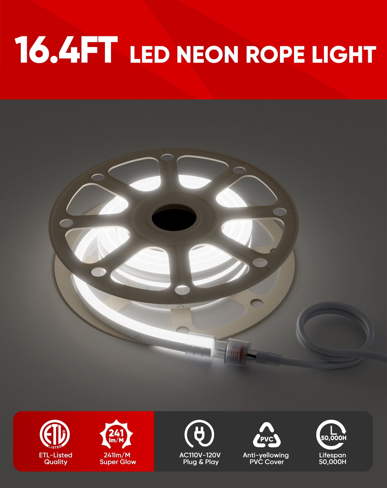 Shine Decor 16.4FT LED Neon Rope Lights, Bright 6300K Cool White AC110V-120V Neon Strip Light, 8x16mm Cuttable Waterproof SMD2835 120LED/M Indoor Outdoor Light Strips, DIY Ambiance Lighting Decoration