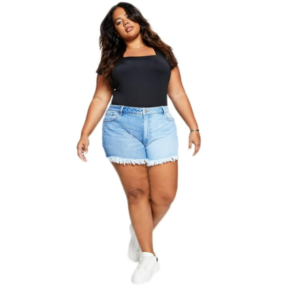 Tinseltown Women's Trendy Plus Size High-Rise Frayed-Hem Mom Shorts