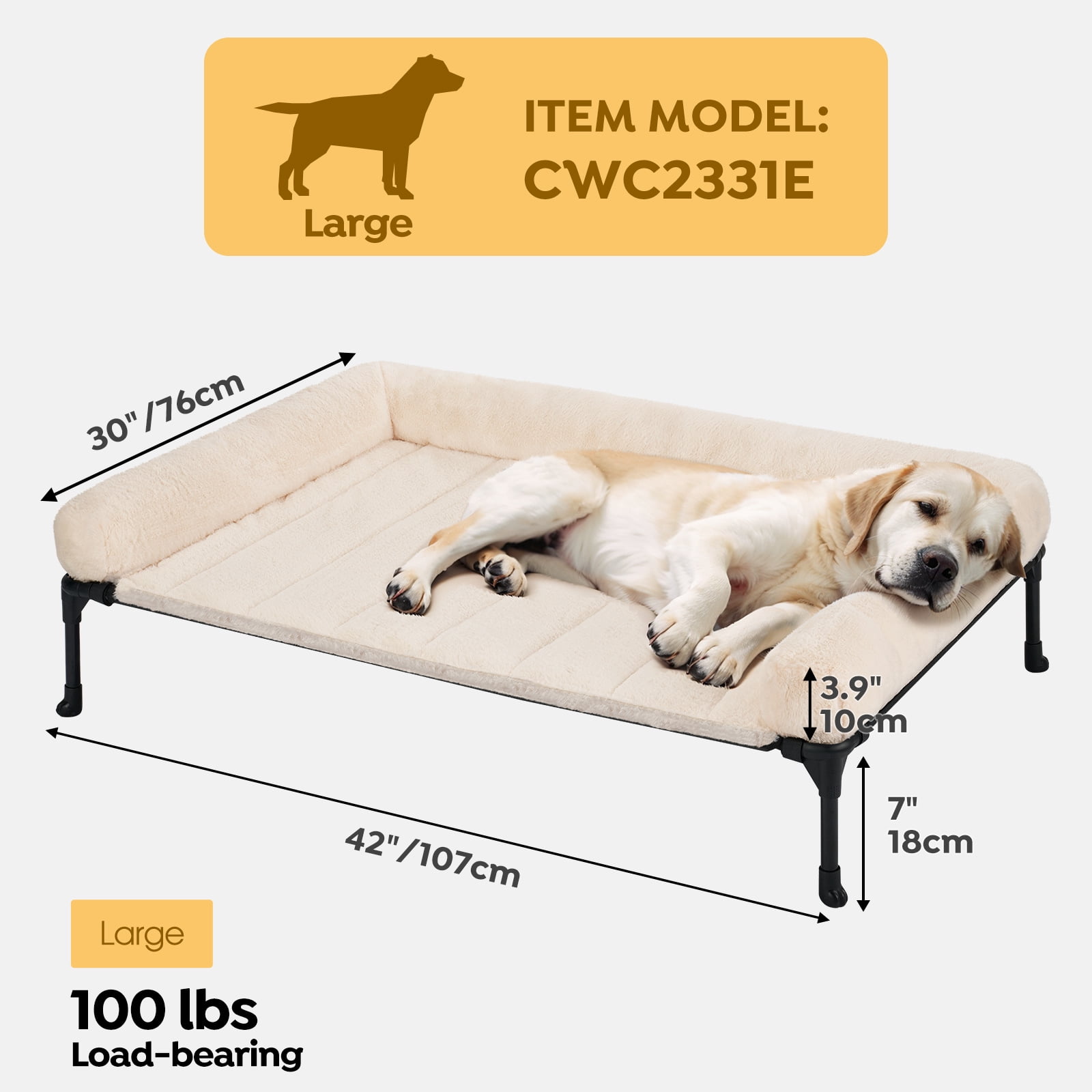 Veehoo Cooling Elevated Dog Bed with Fluffy Plush Bolster Cushion, 42 x 30 inches, Cream White