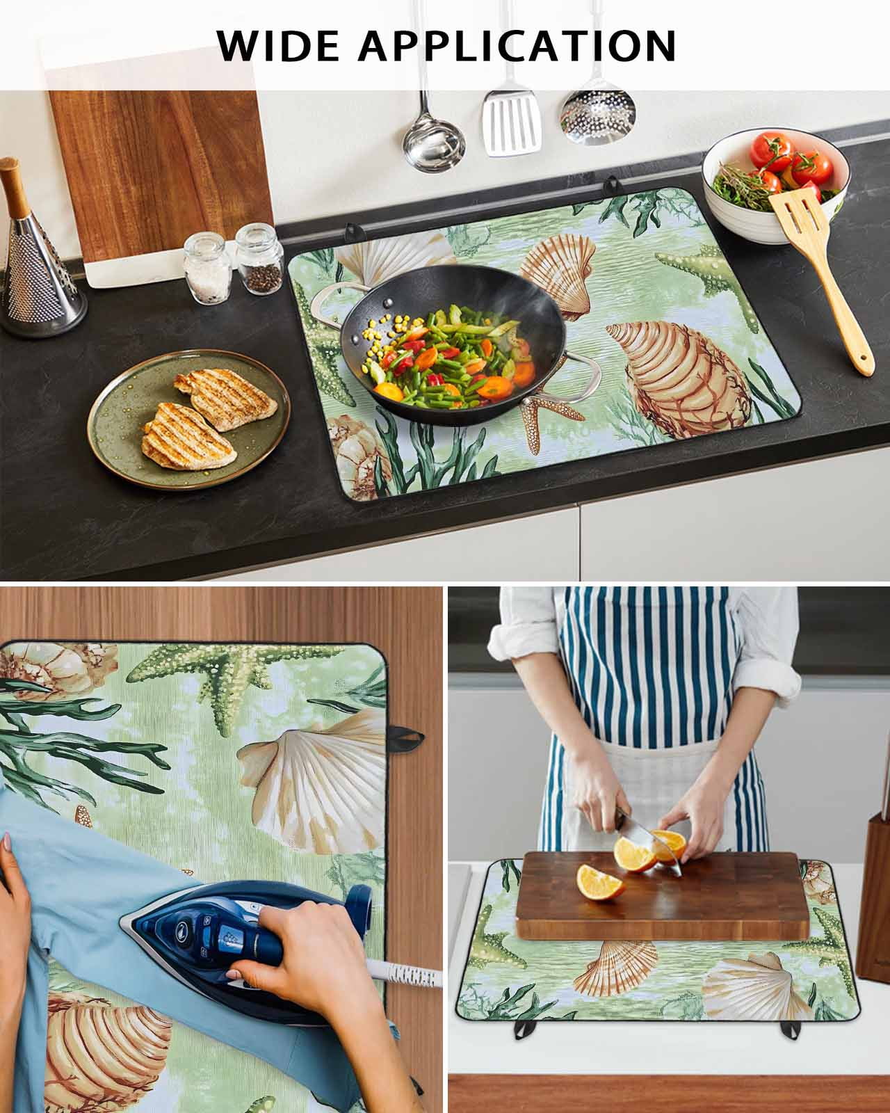 nqOlkjepod Large Induction Cooktop Protector Mat 24"x21", Sage Green Coastal Stove Top Covers for Electric Stove, Summer Ocean Starfish Shell Stove Burner Cover Mats, Glass Top Stove Cover