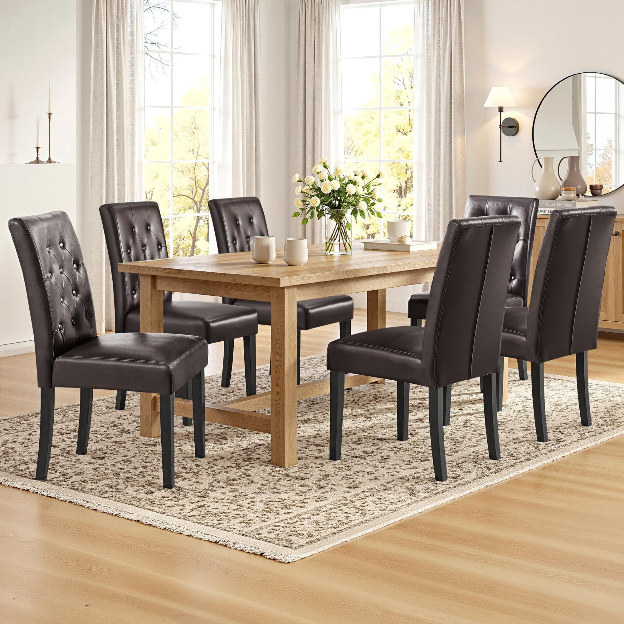 Alden Design Tufted Faux Leather Dining Chairs with Wood Legs for Kitchen, Set of 6, Brown