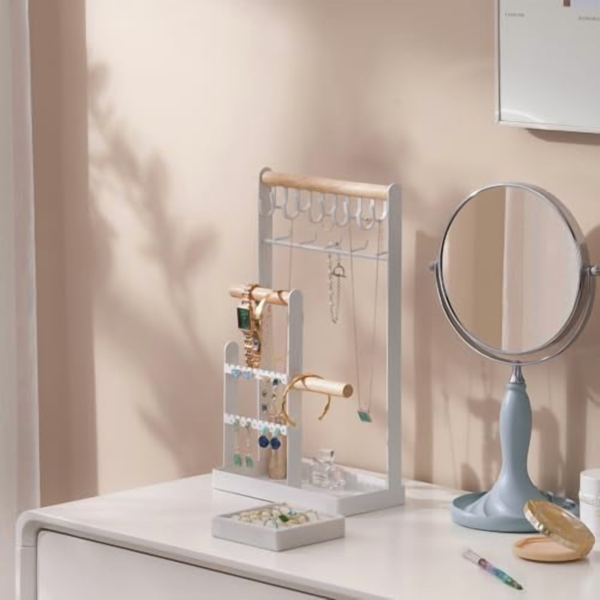 Jewelry Organizer Jewelry Stand Jewelry Holder Organizer, 4-Tier Necklace Organizer with Ring Tray, Large Aesthetic Jewelry Tower Storage Rack Tree for Bracelets Earrings Rings -Large, White