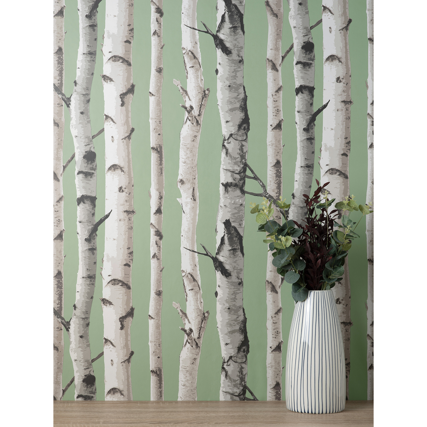 Fine Decor Chester Sage Birch Trees Wallpaper, 20.5-in by 33-ft