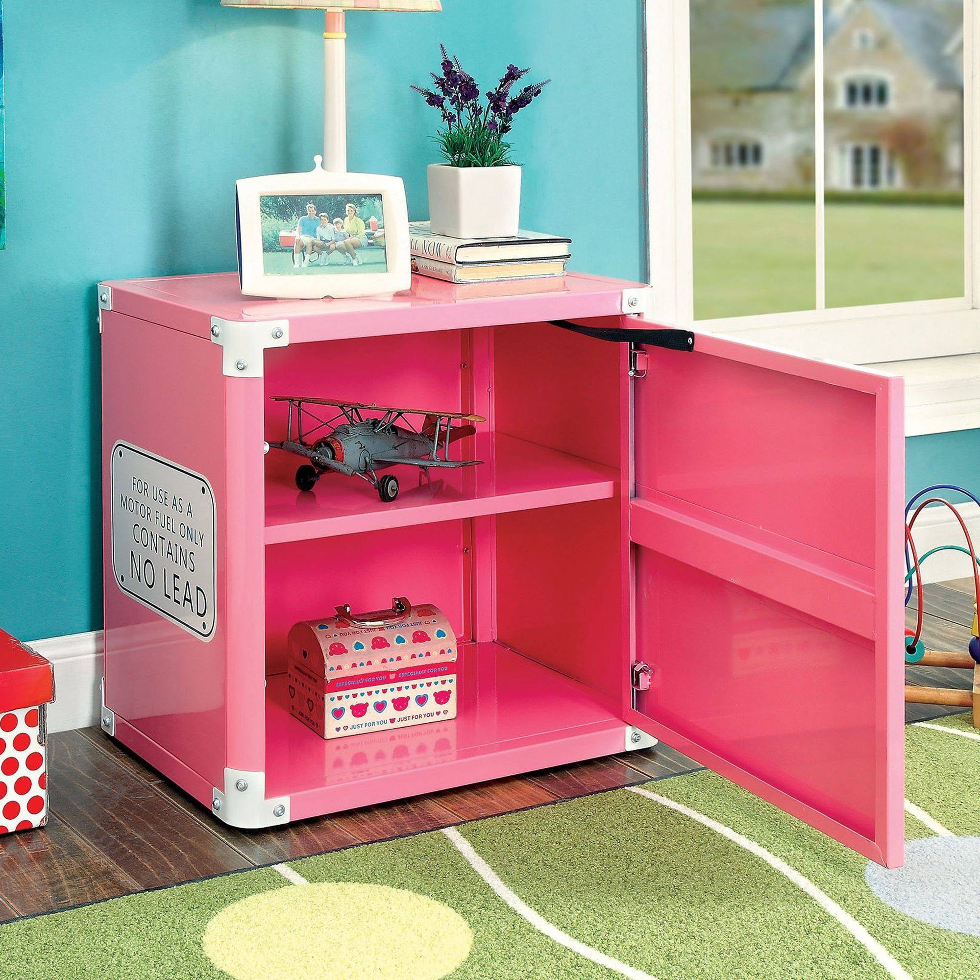 Furniture of America Daiton 2-Shelf Race Car Metal Pink Kids Nightstand with Door