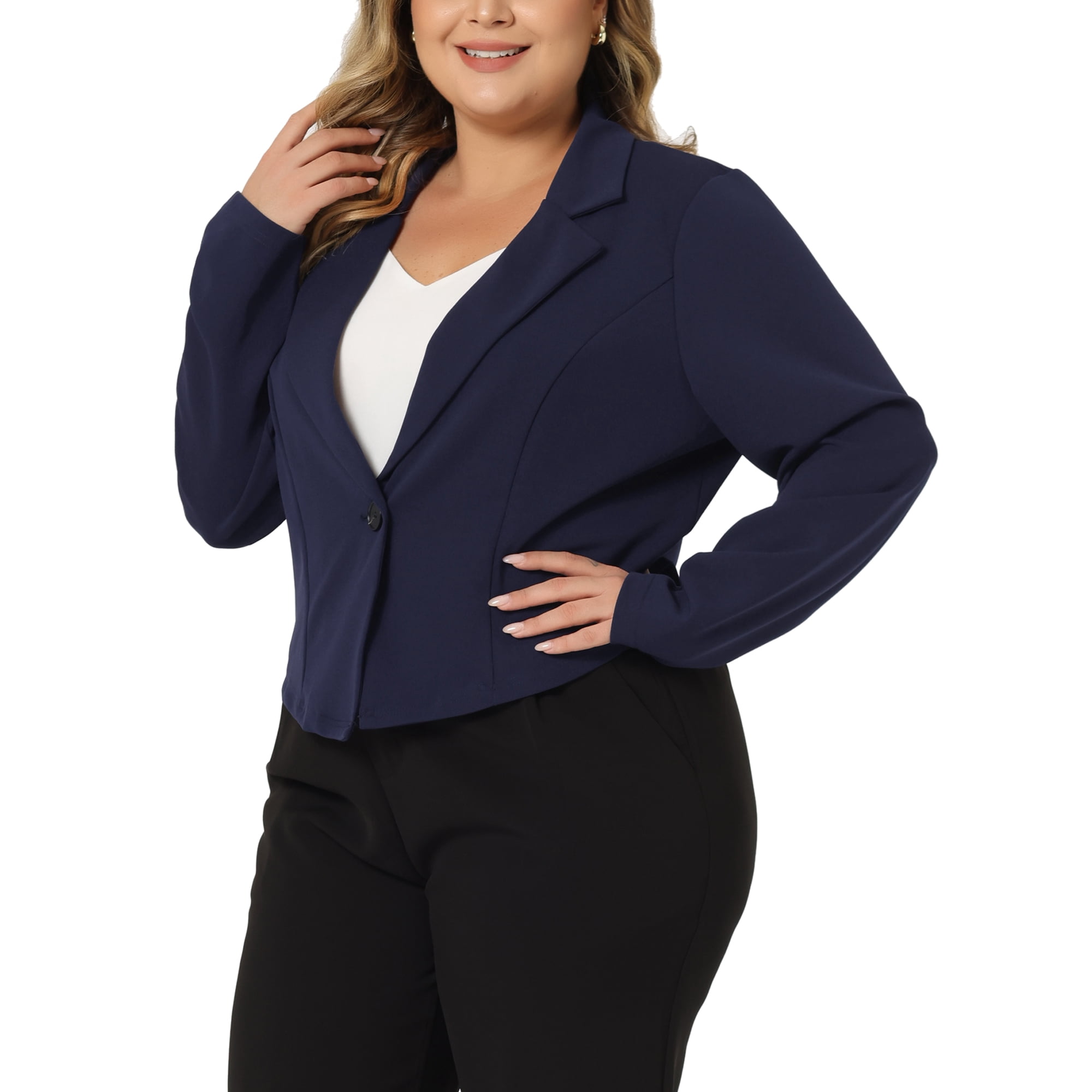 Unique Bargains Women s Plus Size Blazer V Neck Button Notch Panel Business Cropped Blazers Navy Blue 1x Other