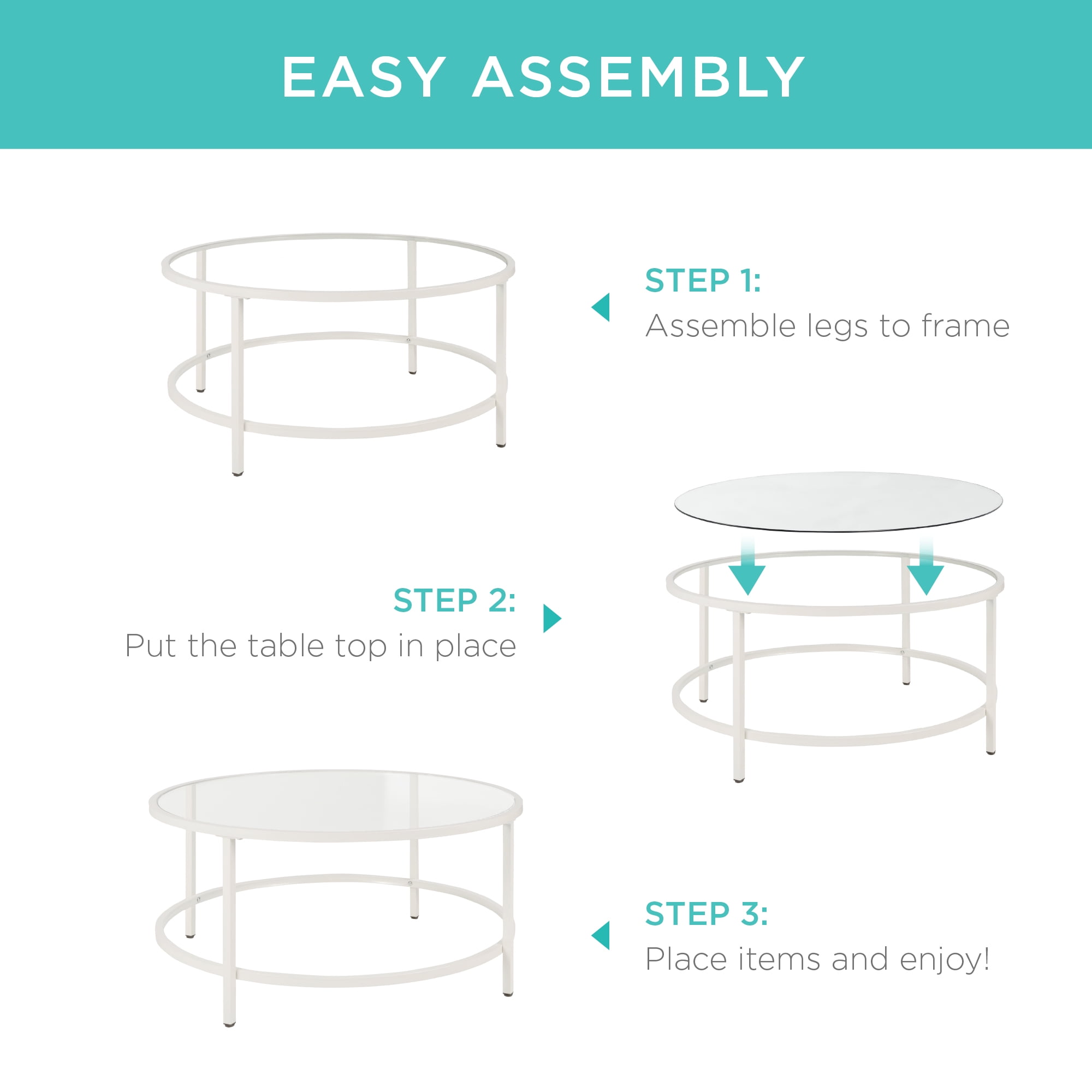 Best Choice Products 36in Round Tempered Glass Coffee Table for Home, Living Room, Dining Room - White