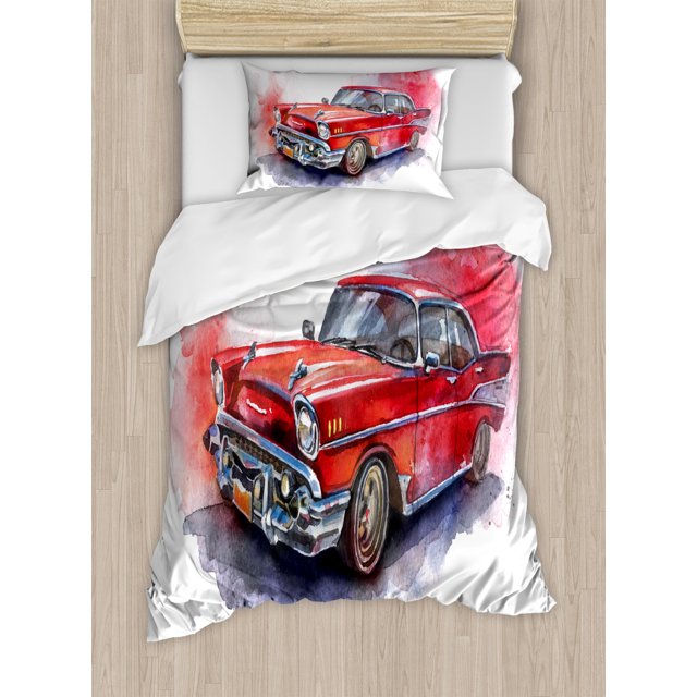 Watercolor Duvet Cover Set Twin Size, Hand Drawn Old Fashioned Car Antique Vehicle Retro