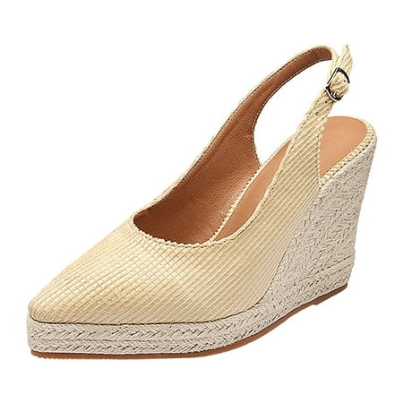 

Cathalem Women s Spring Wedge Heeled Thick Bottom Pointed Toe Wrap Back High Heeled Straw Woven Flax Rope Sandals Beige 42