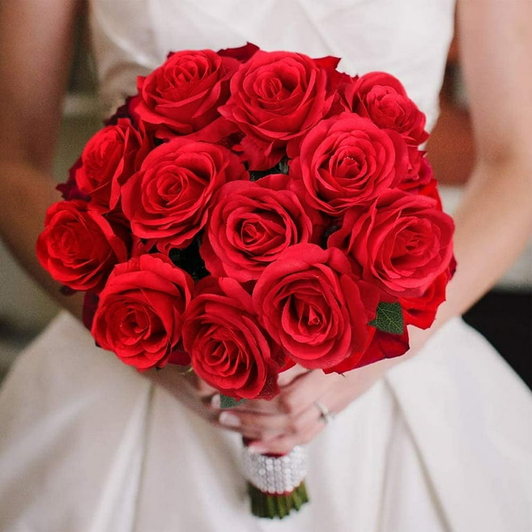 Mocoosy 12pcs Fake Roses Artificial Flowers Red Roses with Long Stems Realistic Faux Silk Rose Bouquets for Wedding Decorations Bridal Shower