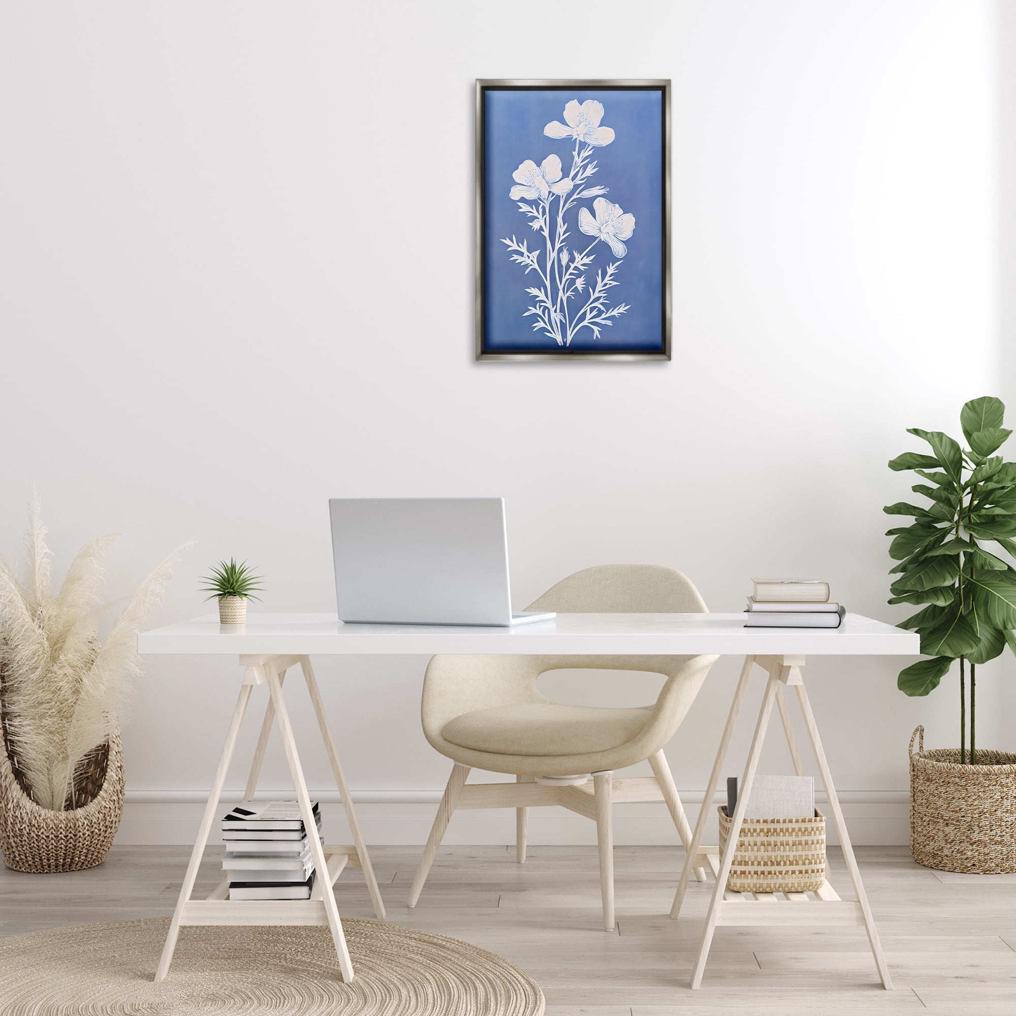 Stupell Industries Cerulean Blue Blooms Botanical & Floral Painting Gray Floater Framed Art Print Wall Art, 17 x 25