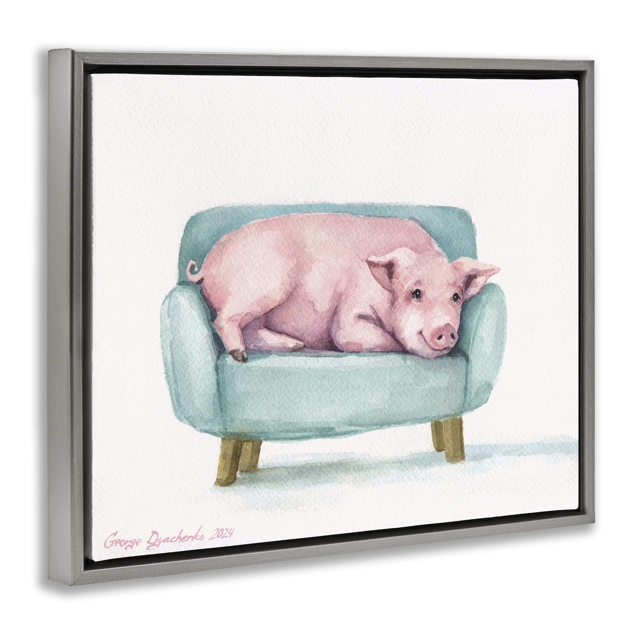 Stupell Industries Cute Piglet on Armchair Gray Framed Floater Canvas Wall Art, design by George Dyachenko