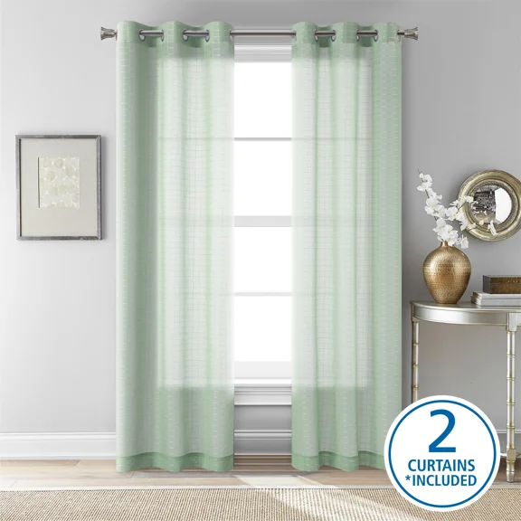 Mainstays Windowpane Sheer Curtain Panel Pair, Set of 2, Soft Sea, 38" W x 63" L