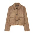 thumbnail image 2 of Unir Women Relaxed Peter Pan Collar Button Front Cropped Suede Jacket Long Sleeve Pocket Casual Daily Outer Coat 1PC XS-XL Plus Size Friendly, 2 of 5
