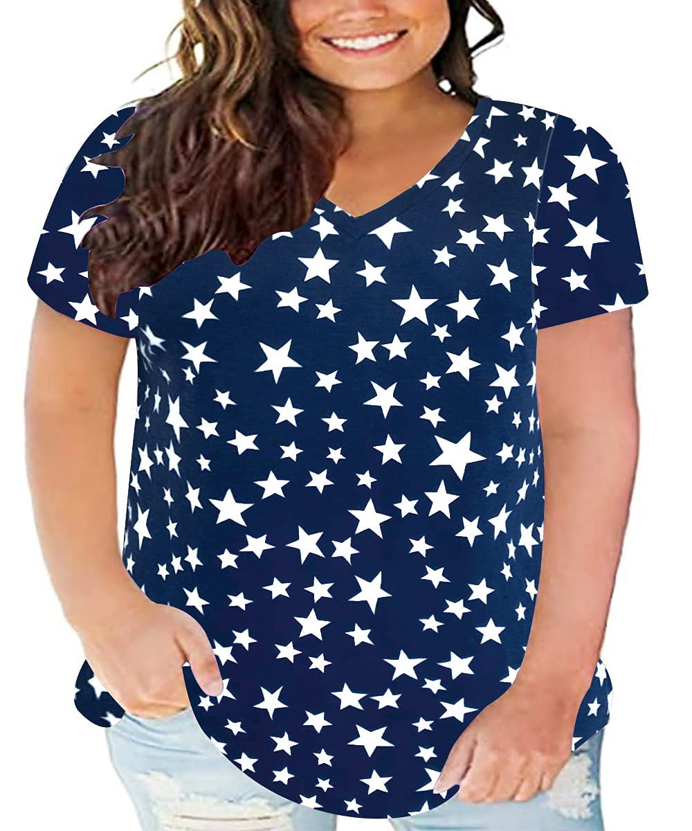 TIYOMI Womens Plus Size Tops Navy Blue Star Short Sleeve Shirts V-Neck  Tunics Star Print Casual Loose Fit Blouses Fashion Shirt For Summer 5XL 26W  28W