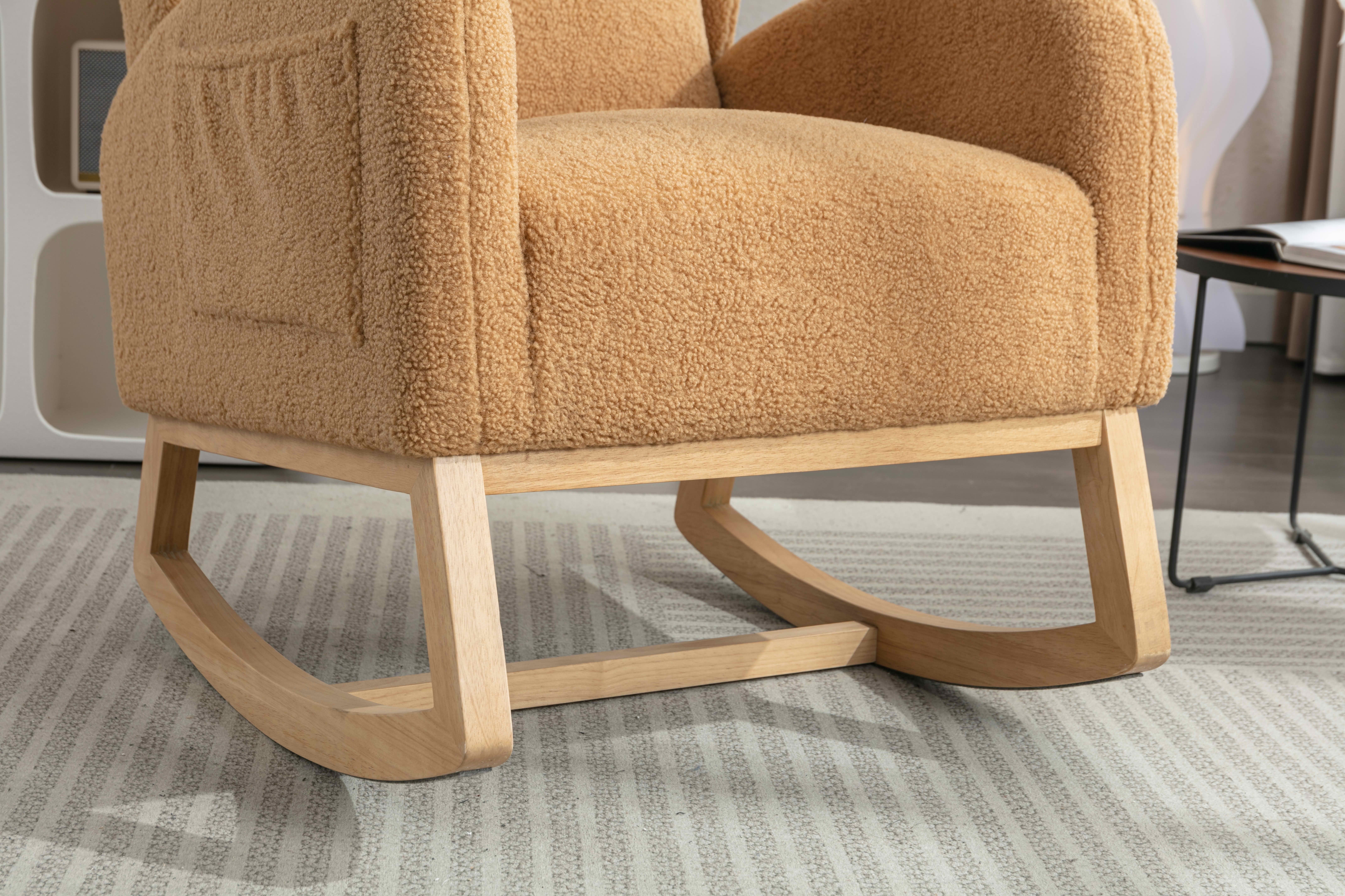 MAYEERTY Teddy Fabric Rocking Chair, with Packet Wood Legs, Khaki