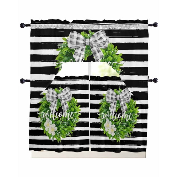 Flower Wreath Swag Curtains for Living Room/Bedroom Windows, Farmhouses Bow-Knot Black Stripes Kitchen Curtains and Valances Set 36 Inch Length, Light Filtering Swags Valance Curtain Panels