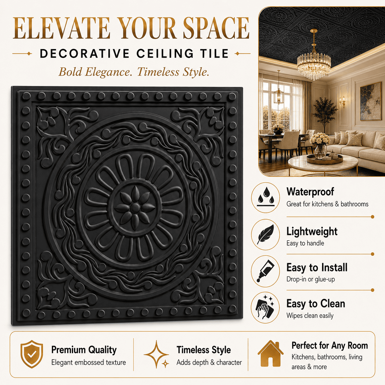Yeslife 12-Pack Barque Decorative Drop Ceiling Tiles, 2 ft x 2 ft Black PVC Ceiling Panels, Waterproof, Easy to Install, Covers 48 sq ft
