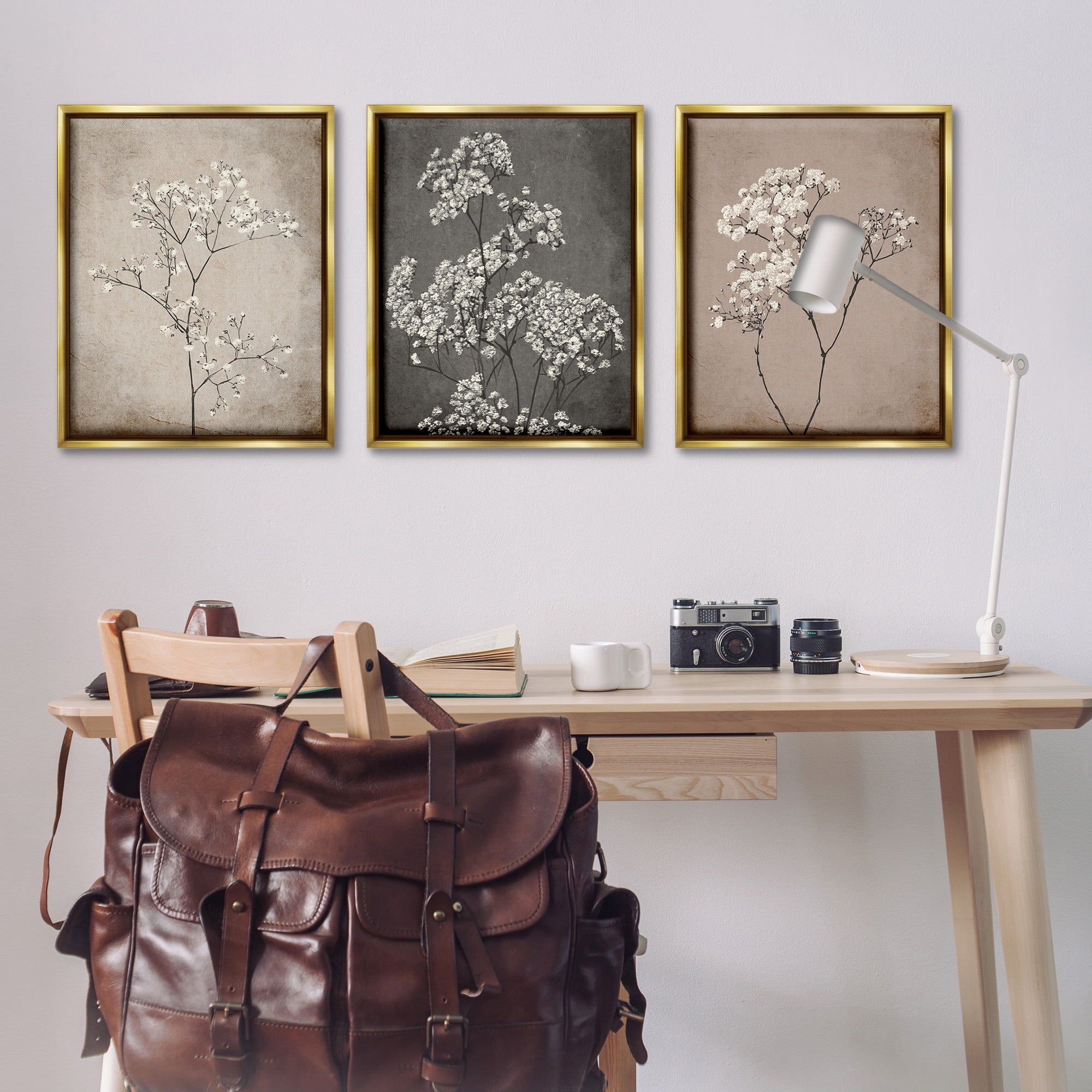 Stupell Industries Botanical Baby's Breath Herbs Botanical & Floral Painting Gold Floater Framed Canvas Art Print Wall Art, 25 x 31, Set of 3