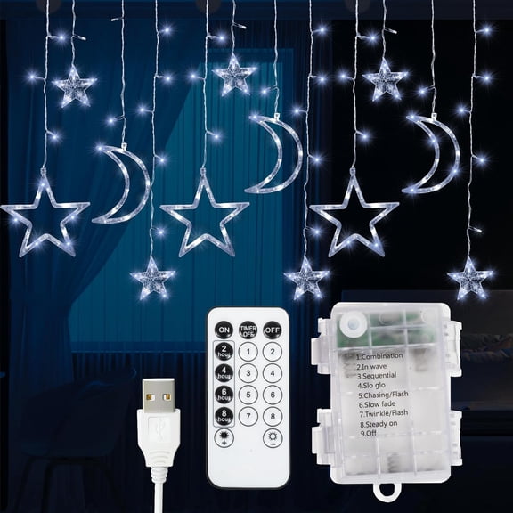LINLIN Curtain Lights with 138 LED Lights | Battery Operated Star & Moon Christmas Window Lights,Fairy Lights with 8 Modes & Memory Function for Christmas Lights Christmas Decorations