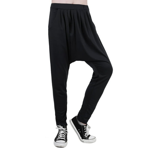 Lars Amadeus Men's Solid Black Elastic Waist Slant Pockets Harem Pants