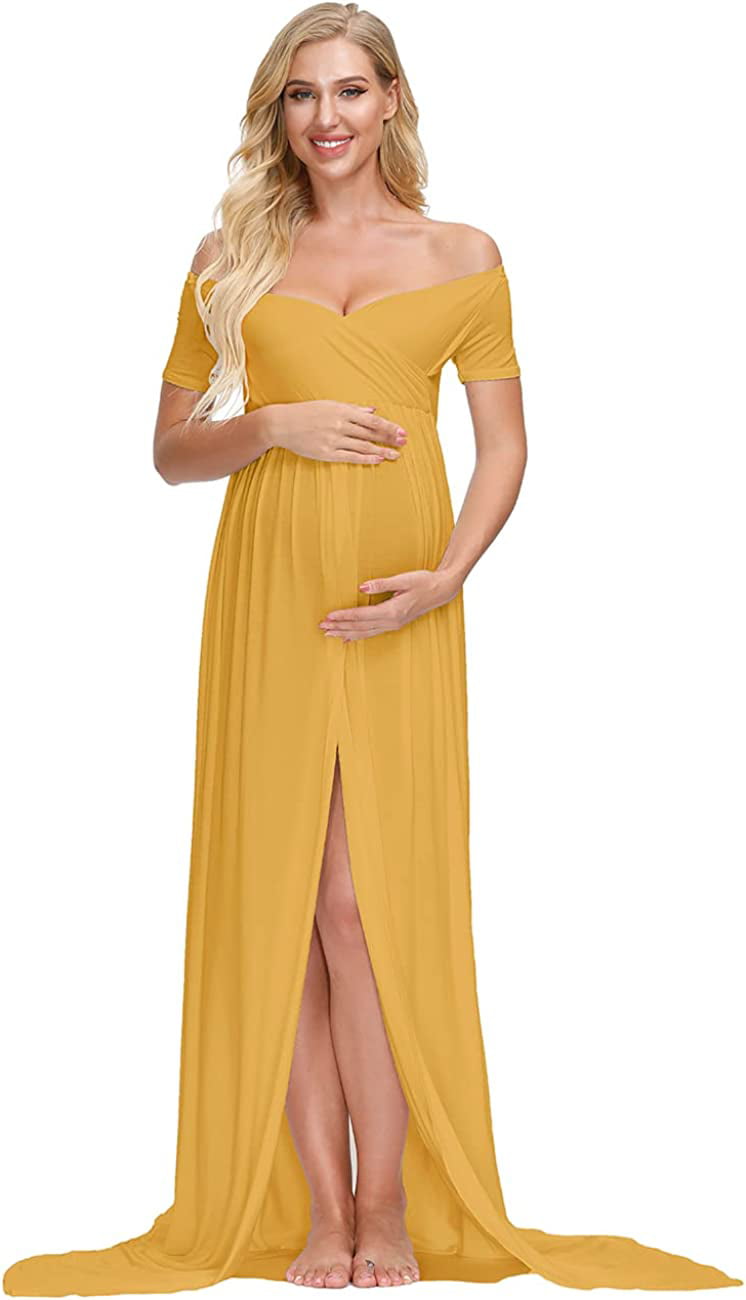 Justvh Maternity Off Shoulder Chiffon Gown For Photography Split Front Maxi Pregnancy Dress For