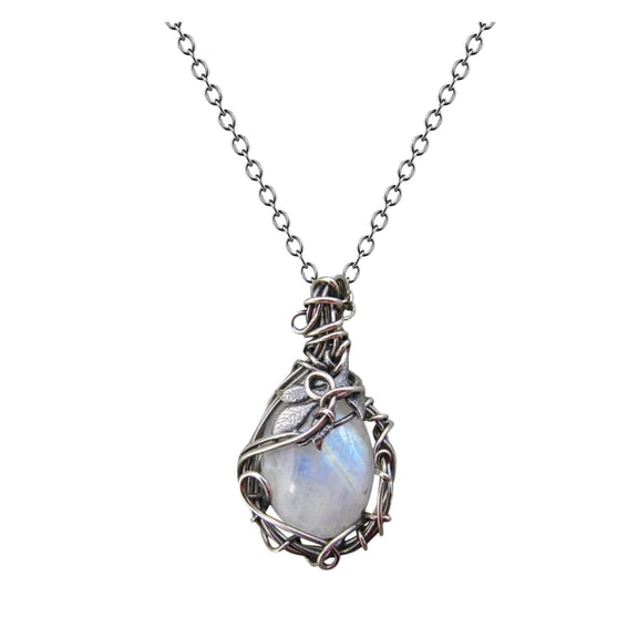 Geometric Moon Stone Pendant Necklace for Women Boho Style, Silver