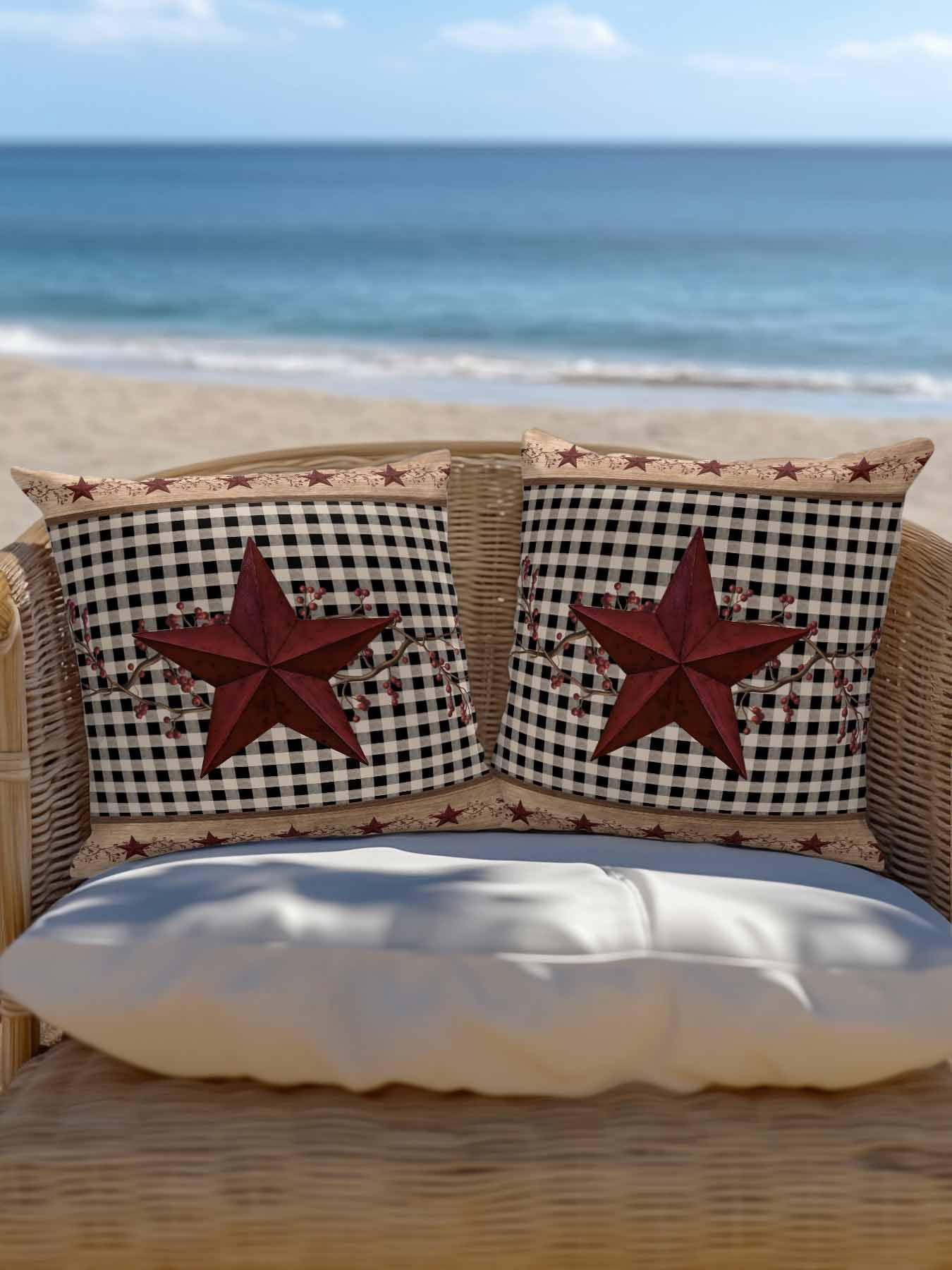 Outdoor Pillows Waterproof, Red Texas Star Farmhouse Bedding Throw Pillows with Insert for Couch Sofa Bed, Black Plaid Berry Country 18x18 Inch Pillowcases Decorative Camping Patio Pillow Set of 1