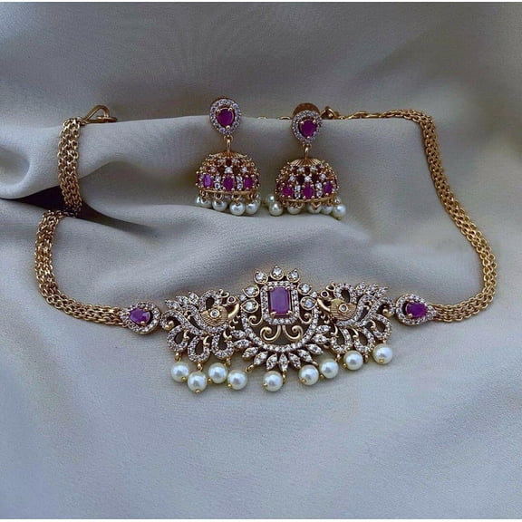 Gold-Plated Peacock Choker with Jhumka – South Indian Pakistani Bollywood Matte Finish Jewelry with Ruby & White Kemp Stones Short Necklace set AD CZ Jhumki Earrings
