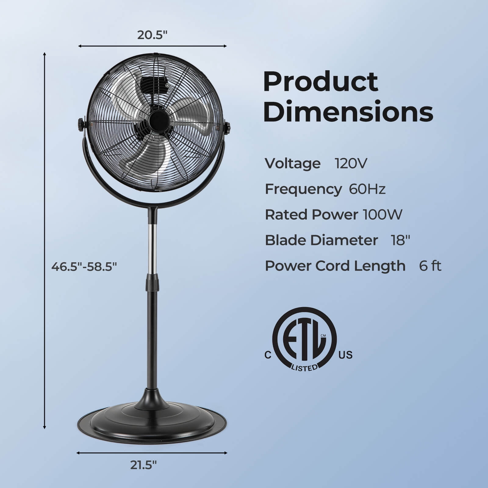 Costway 18" High Velocity Standing Fan with 3 Speeds 360° Tilt & Adjustable Height for Home Office Black