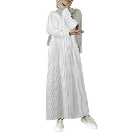 

Women Muslim Cotton Linen A-Line Maxi Dress Long Sleeve Striped Print Vintage Abaya Turkey Hijab Robe Islamic Kaftan Gown with Pockets