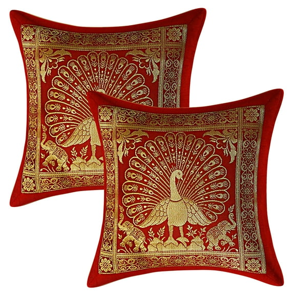 Stylo Culture Indian Zippered Brocade Burgundy Maroon And Gold Throw Pillow Covers 12x12 Jacquard Weave Sofa Living Room Throw Pillows Peacock 30x30 cm Decorative Cushion Covers (Set Of 2)