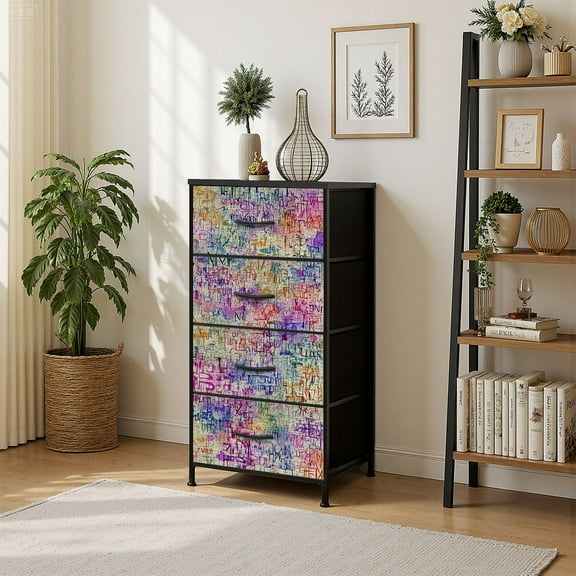 4 Drawer Vertical Storage Dresser Colorful Typography Text Patchwork with Wood Top Fabric Pull Drawers