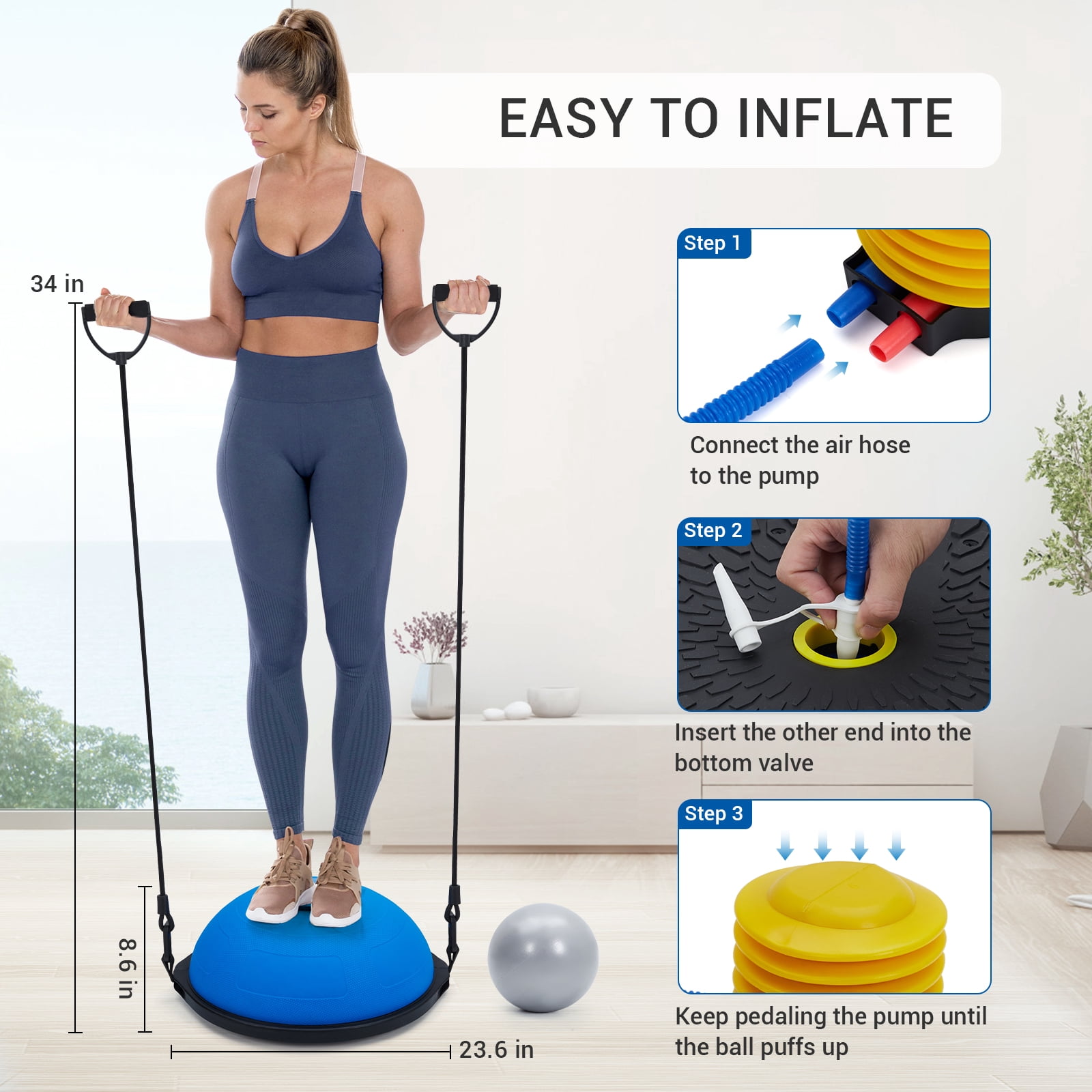 Accreate 25 Inch Half Balance Ball Trainer, Heavy Duty 1600 Lbs Capacity Stability Ball With Nonslip Base, Inflatable Design, 2 Resistance Bands, Pump, And Extra Ball For Home Fitness