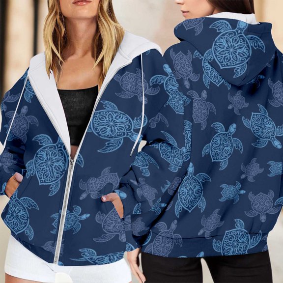 Womens Hoodies Thermal Loose Fit Stylish Print Pocket Zipper Drawstring Hooded Long Sleeve Jacket for Winter Wear Women's Sweatshirts Blue L