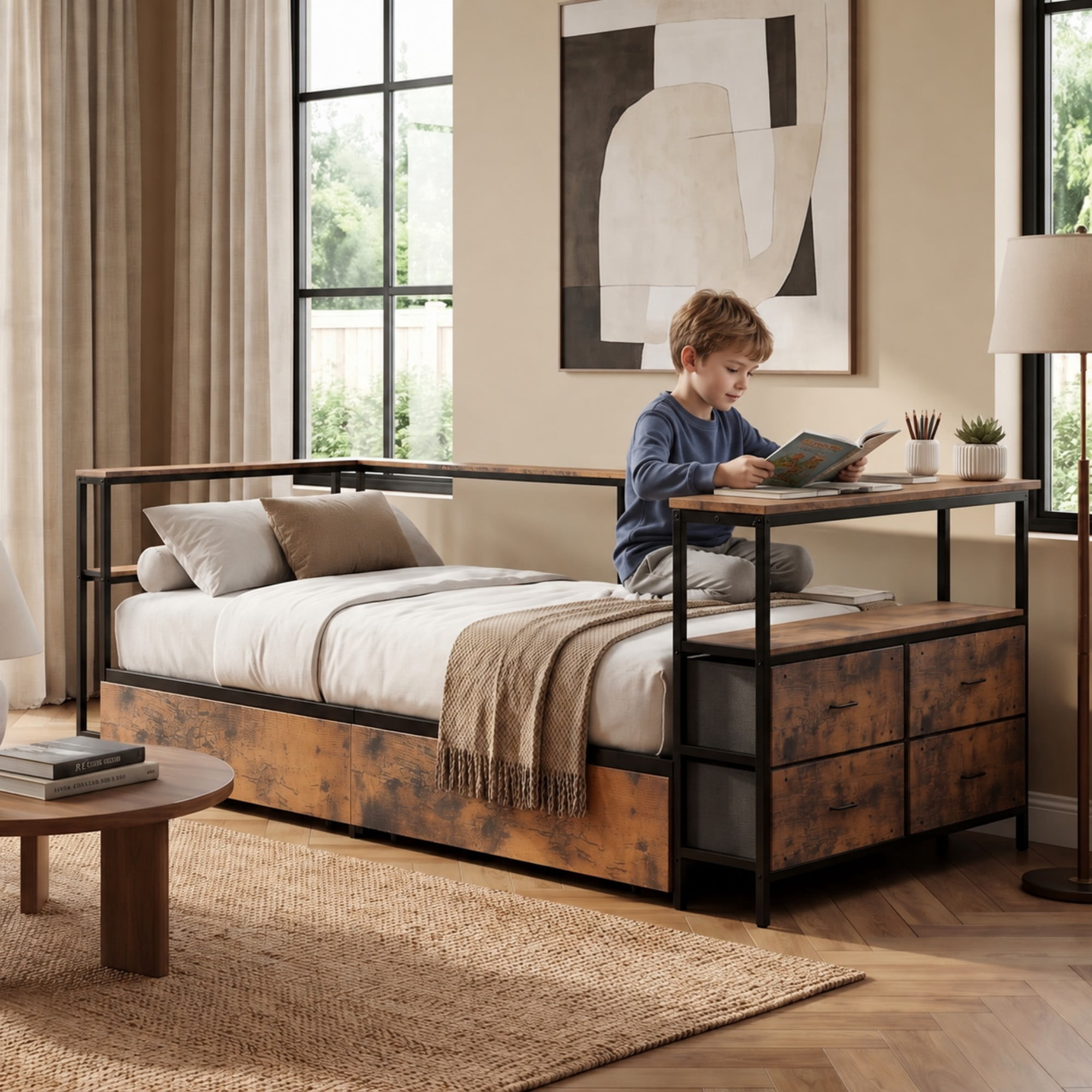 BSHTI Twin Size MDF & Metal Corner Bed Frame with Storage, Space Saving Bed Frame with Drawers, Reversible L-Shape for Bedroom（Black)