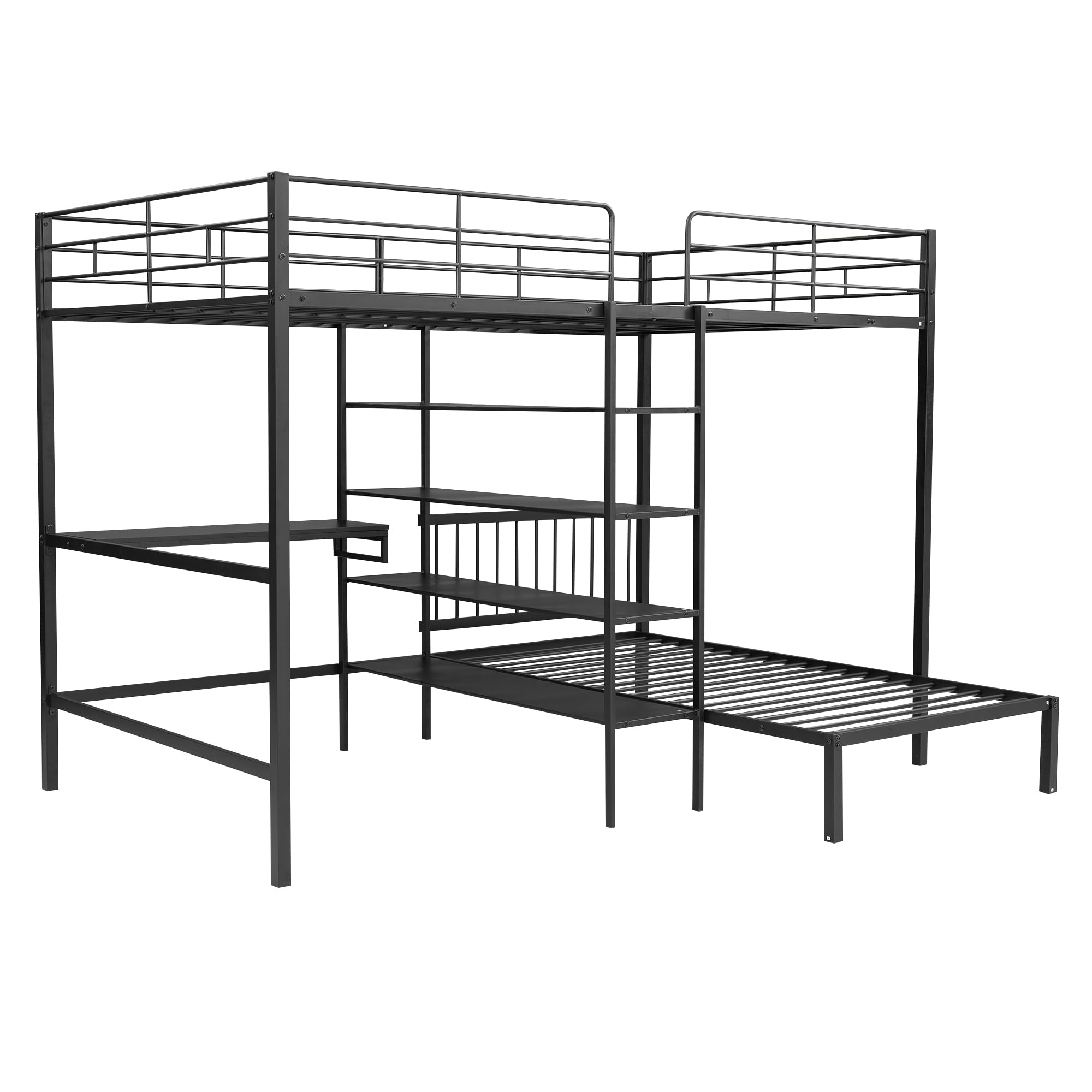 Full Over Twin Bunk Bed with Built-in Desk and Storage Shelves,L-Shape Heavy-Duty Metal Bunk Bed w/Staircase & Safety Guardrail,for Bedroom Boys Girls Adults,Black