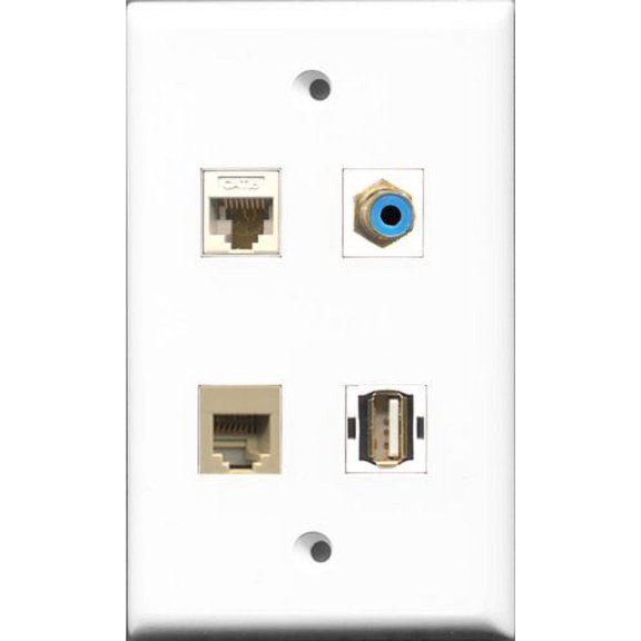 RiteAV 1 Port RCA Blue and 1 Port USB A-A and 1 Port Phone RJ11 RJ12 Beige and 1 Port Cat6 Ethernet White Wall Plate
