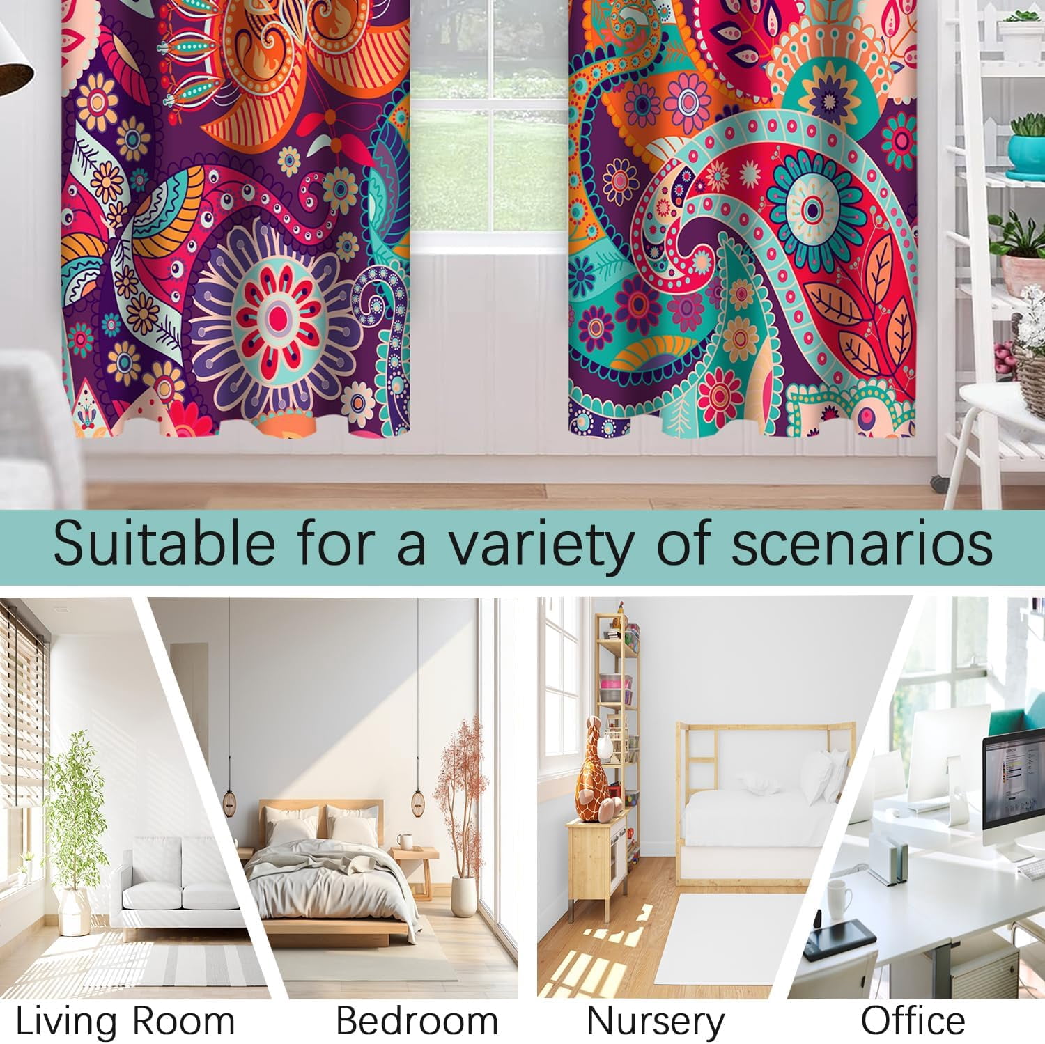 Boho Floral Blackout Window Curtains, Colorful Mandala Flower Aesthetic Art Living Room Bedroom Decor Insulated Thermal Curtain Darkening Grommet Window DrapesTreatments, 2 Panels 52x84 Inch