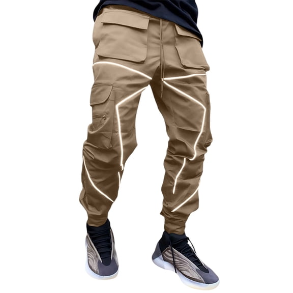 Men's Reflective Cargo Pants - Drawstring Waist for Nighttime Outings & Streetwear Khaki 2XL